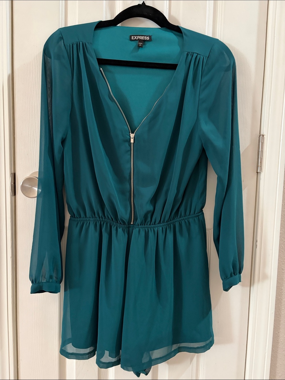 Express Teal V-Neck Zip-Front Sheer-Sleeve Romper